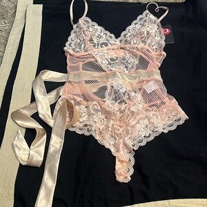 💕 Super Sexy Garmol Peach Pink Mesh Lace Lingerie Bodysuit Size M 🔥